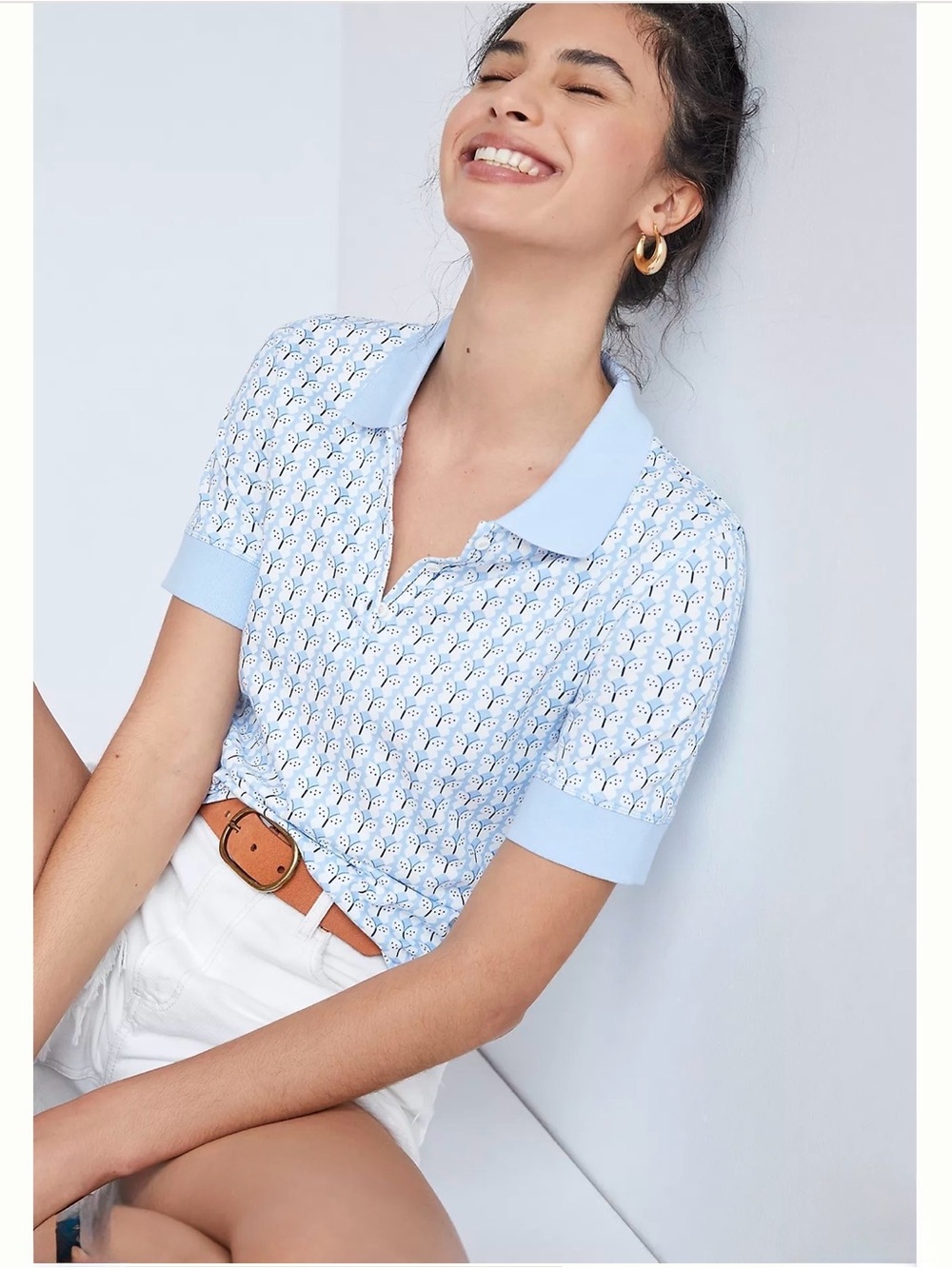 Maeve by Anthropologie Light Blue Patterned Button-Down Polo Top